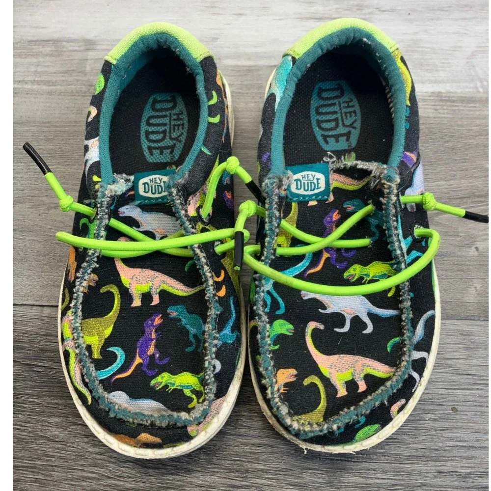 Hey Dude Wally Toddler Dino Black Lime Dinosaur Print Canvas Shoes Size C8